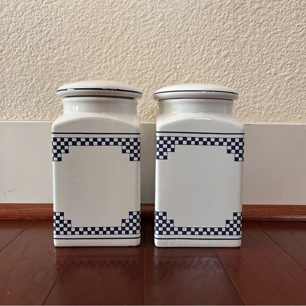 Vintage French Lustucru Style Sel (salt) Canisters Blue White Ceramic Set 2